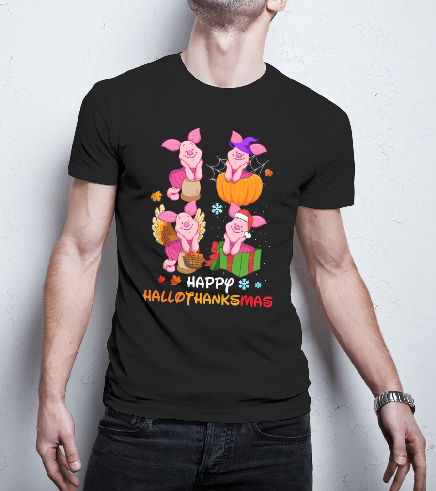 Happy HALLOTHANKSMAS Piglet In Pumpkin Turkey And Gift Box T-Shirt
