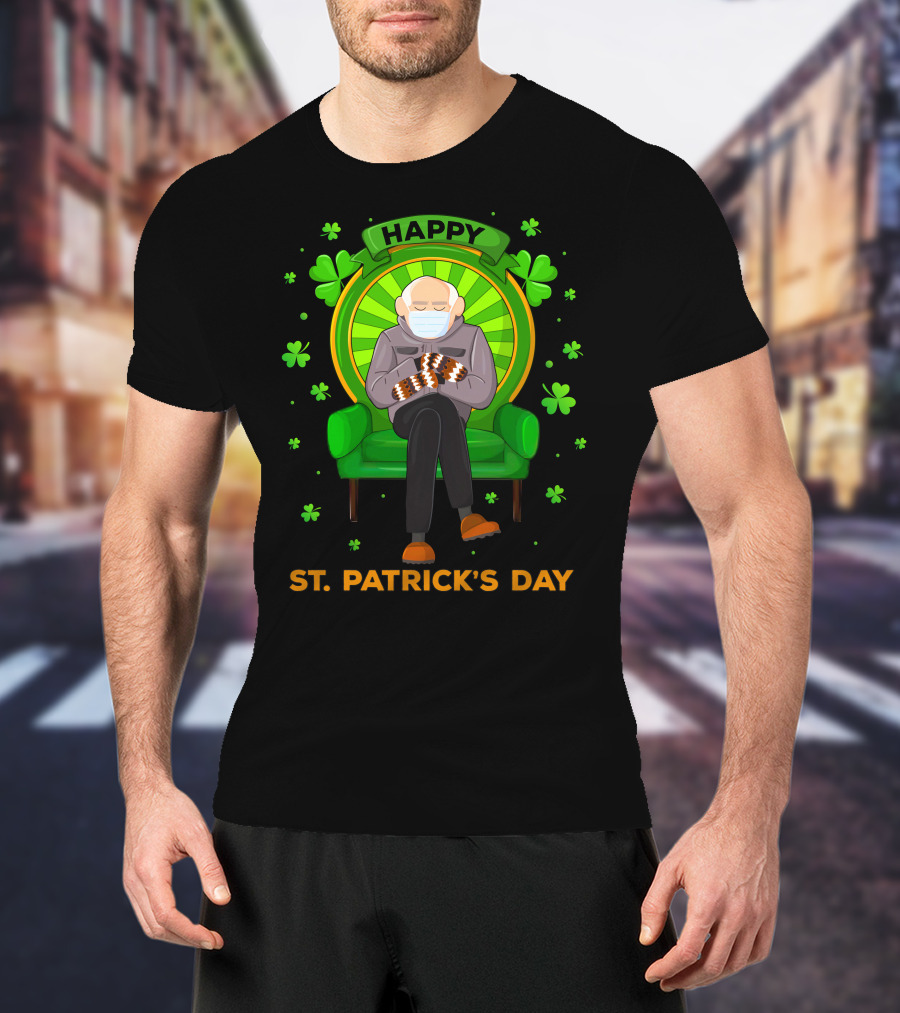 Happy St. Patrick's Day Masked Sitting Man With Mittens Surrounded By Clovers T-Shirt