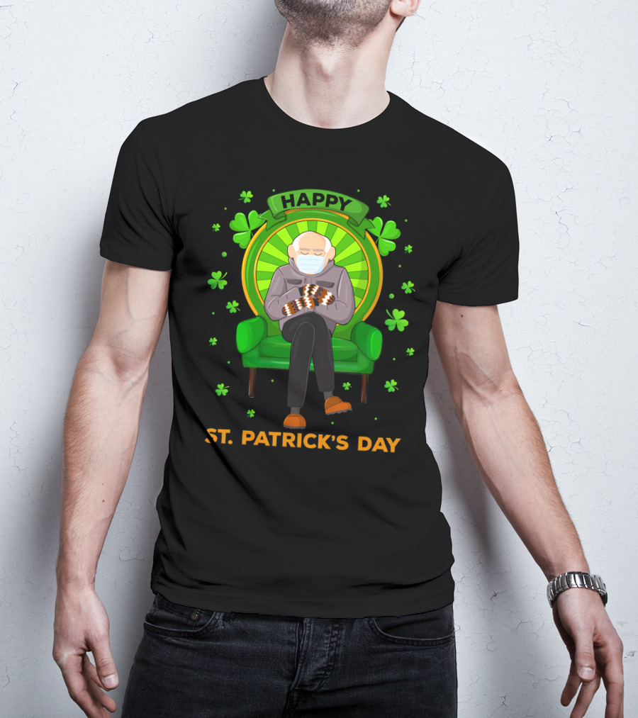 Happy St. Patrick's Day Masked Sitting Man With Mittens Surrounded By Clovers T-Shirt
