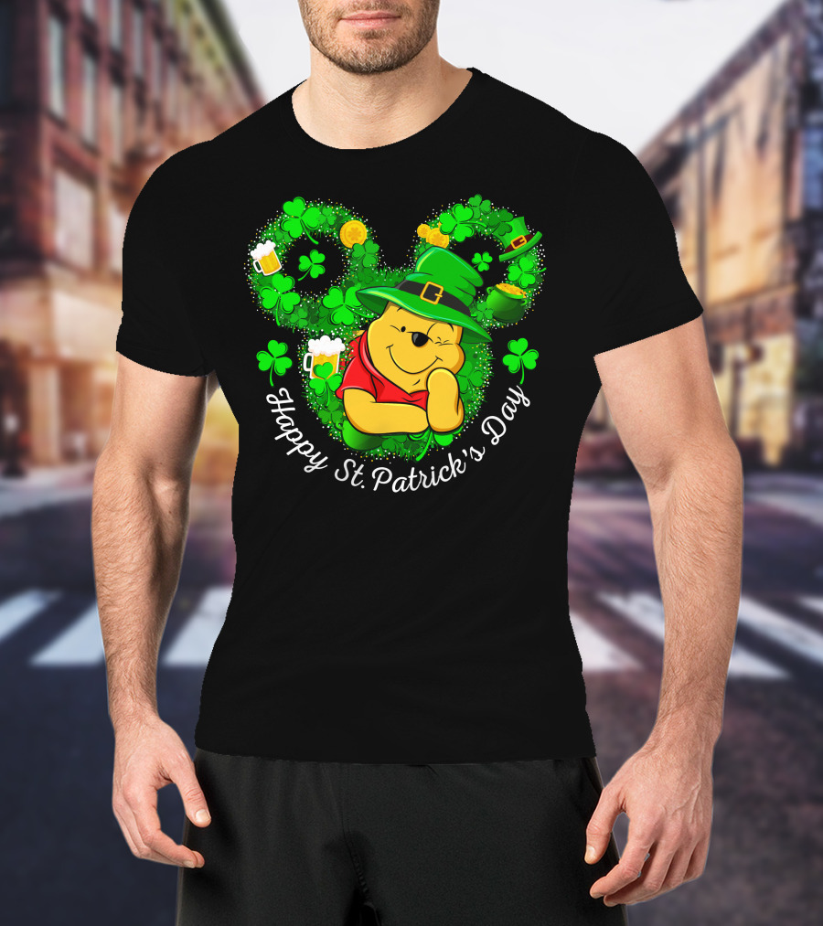 Happy St. Patrick's Day Pooh Shamrocks And Green Hat T-Shirt