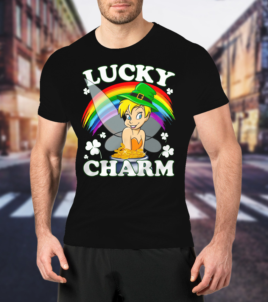 Lucky Charm Tinker Bell Rainbow And Shamrocks T-Shirt