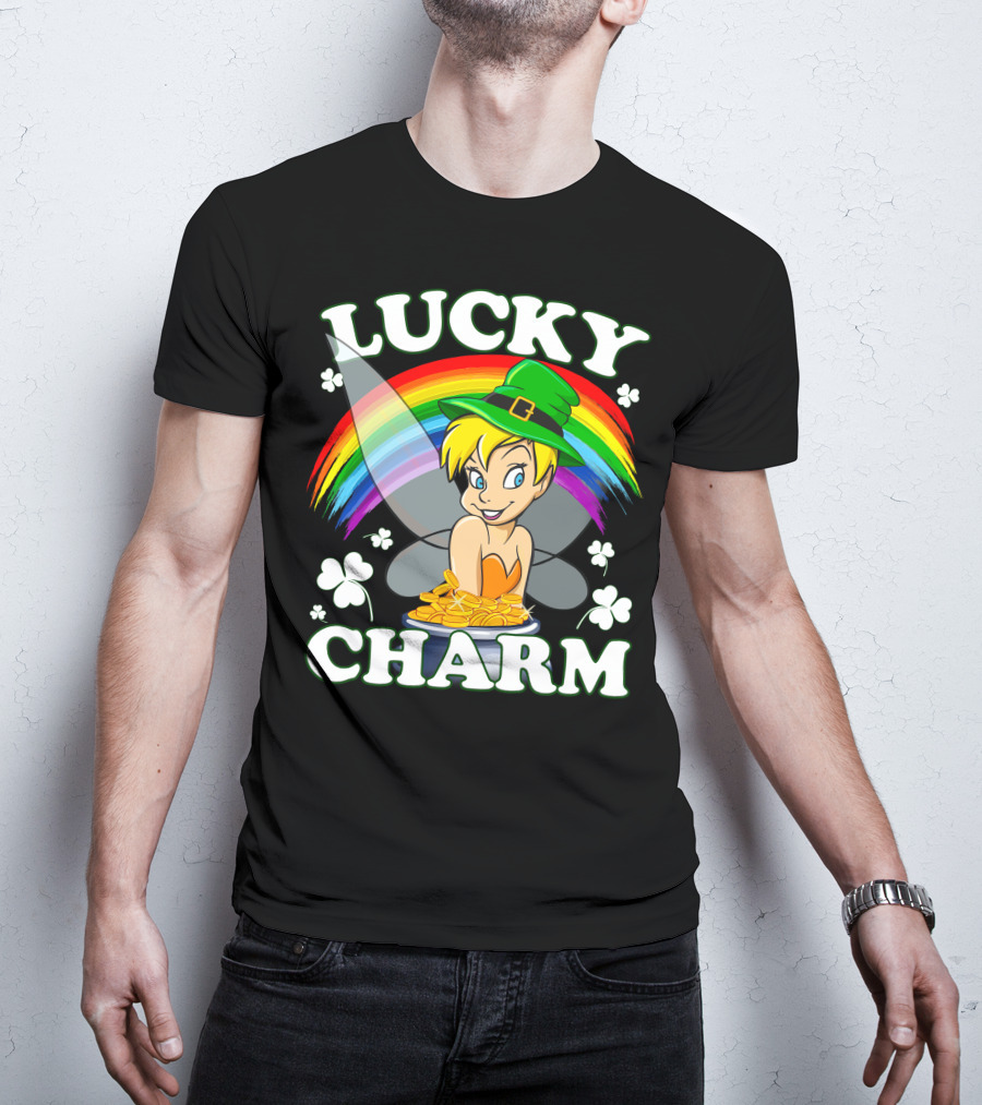 Lucky Charm Tinker Bell Rainbow And Shamrocks T-Shirt