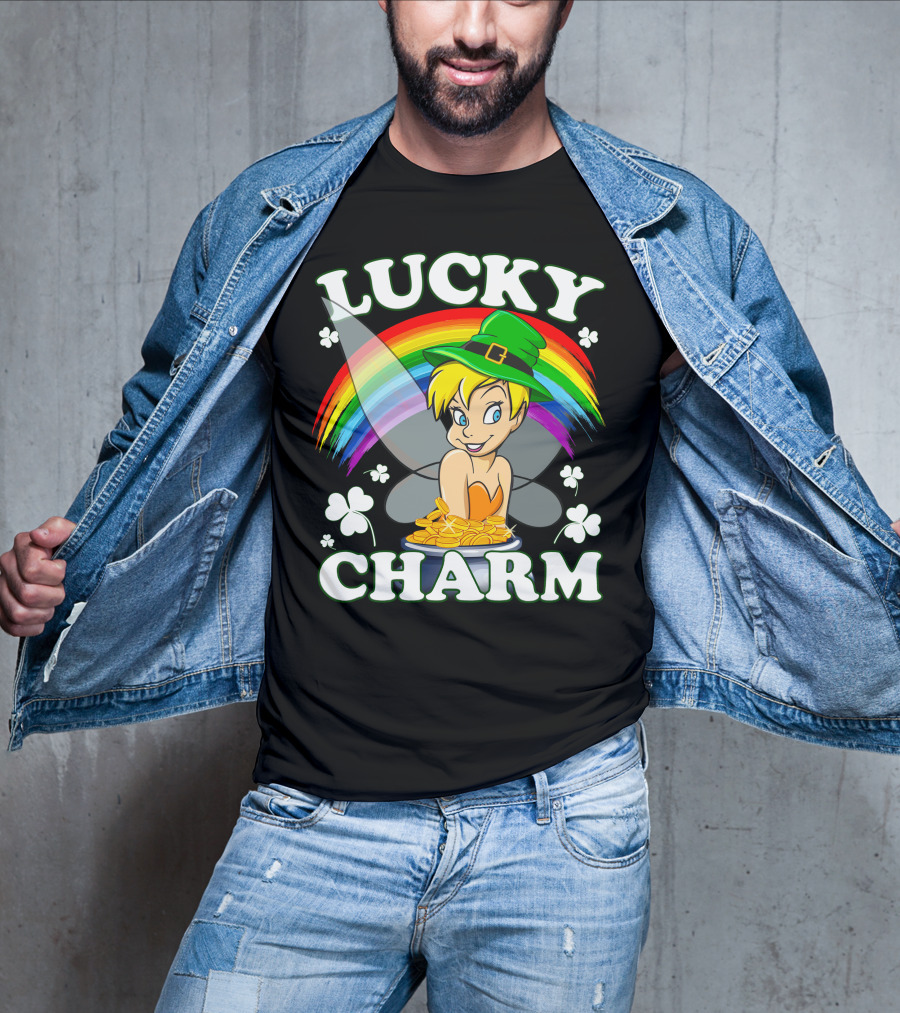 Lucky Charm Tinker Bell Rainbow And Shamrocks T-Shirt