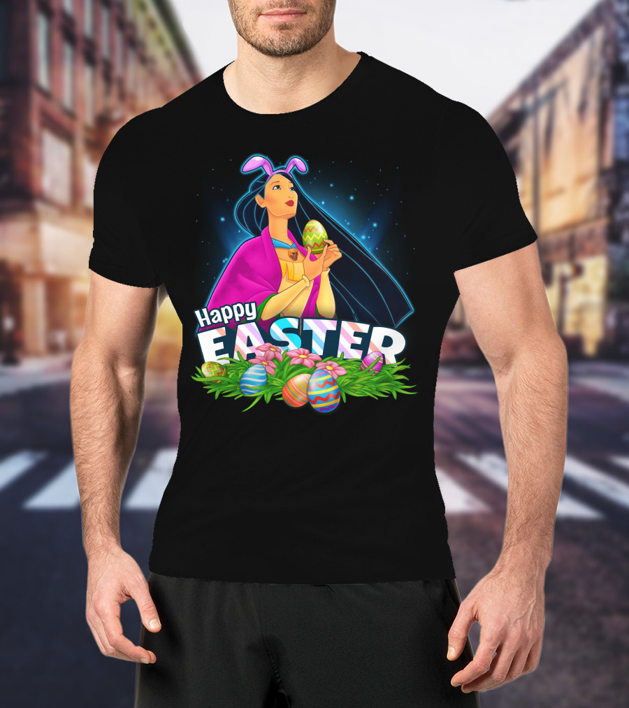 Pocahontas Happy Easter Colorful Eggs And Flowers Scene T-Shirt