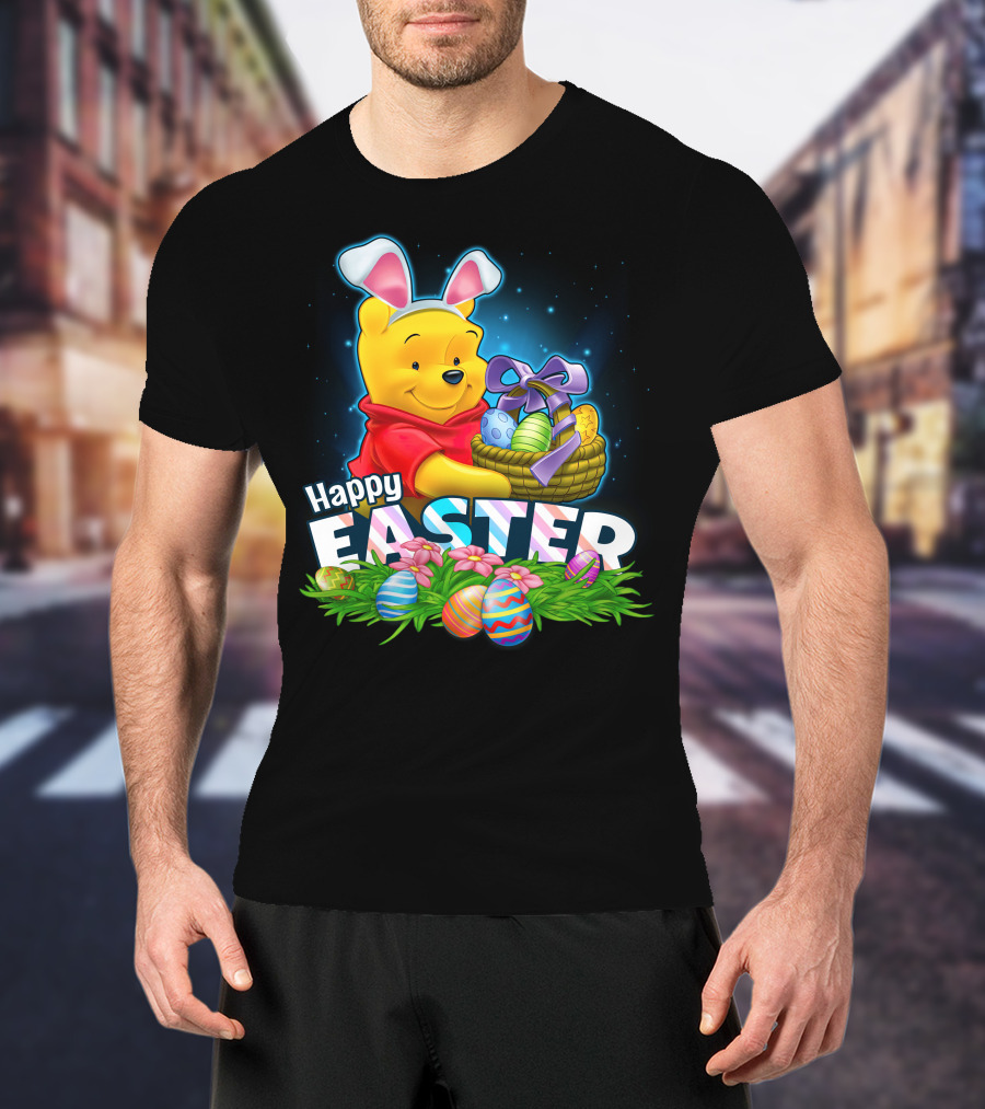 Pooh Happy Easter With Basket Of Eggs And Bunny Ears T-Shirt