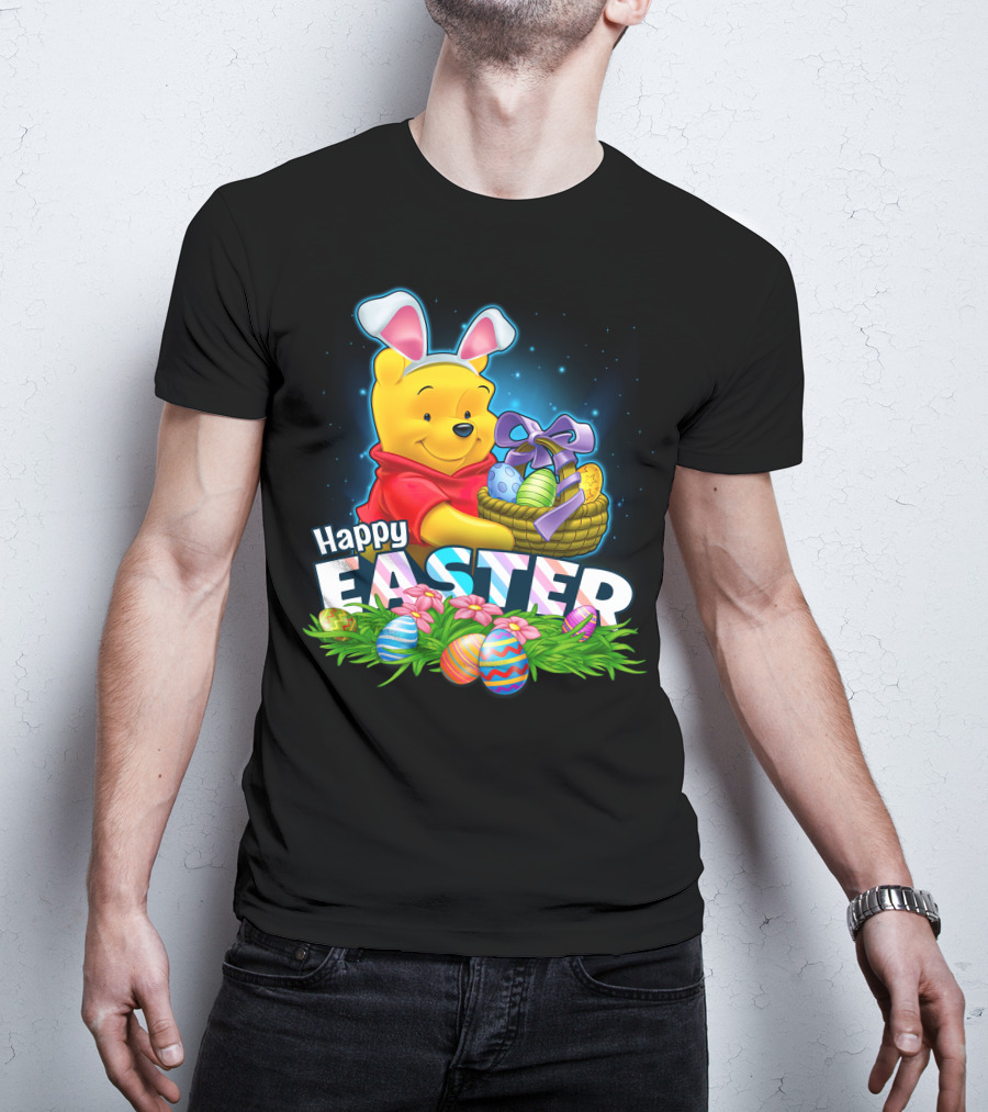 Pooh Happy Easter With Basket Of Eggs And Bunny Ears T-Shirt