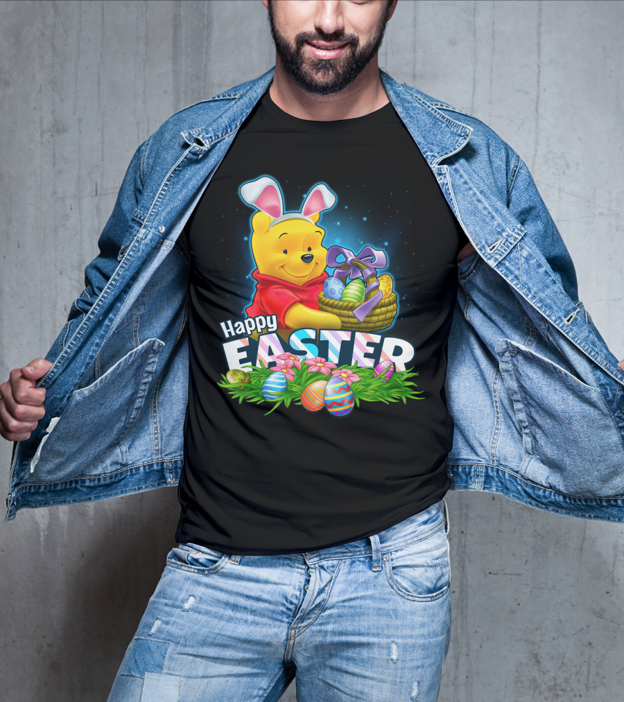 Pooh Happy Easter With Basket Of Eggs And Bunny Ears T-Shirt