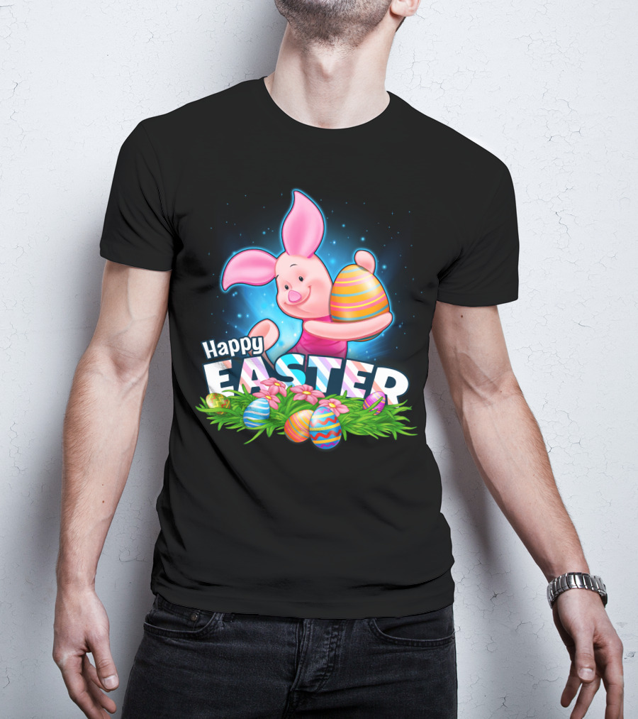 Piglet Happy Easter With Colorful Eggs And Flowers T-Shirt