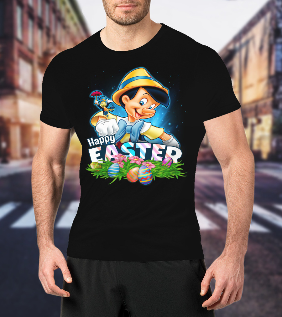 Pinocchio Happy Easter Colorful Eggs And Jiminy Cricket T-Shirt