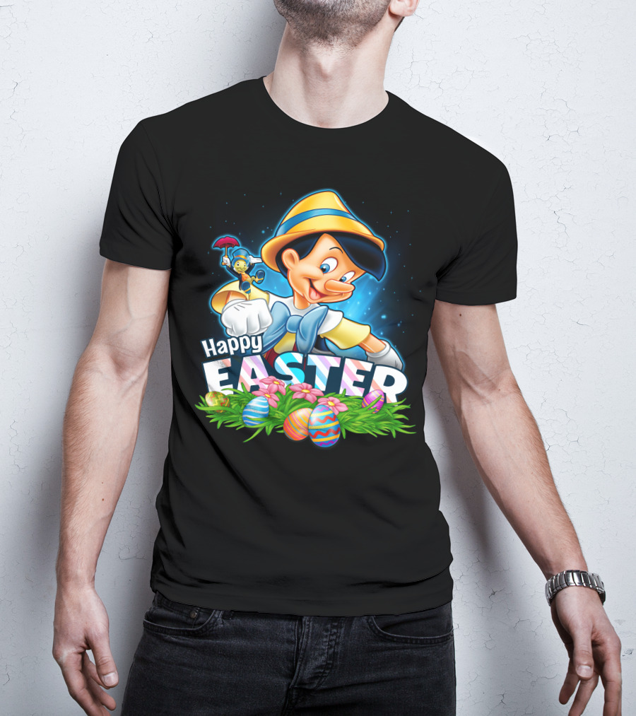 Pinocchio Happy Easter Colorful Eggs And Jiminy Cricket T-Shirt