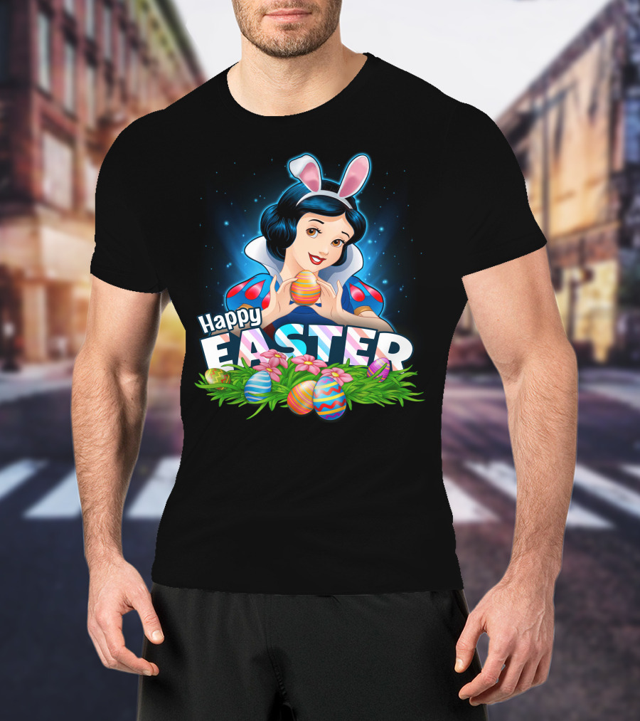 Snow White Happy Easter Bunny Ears Colorful Eggs Spring Celebration T-Shirt