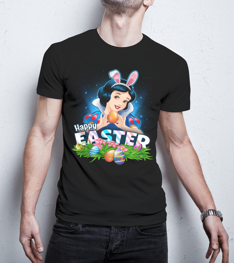 Snow White Happy Easter Bunny Ears Colorful Eggs Spring Celebration T-Shirt