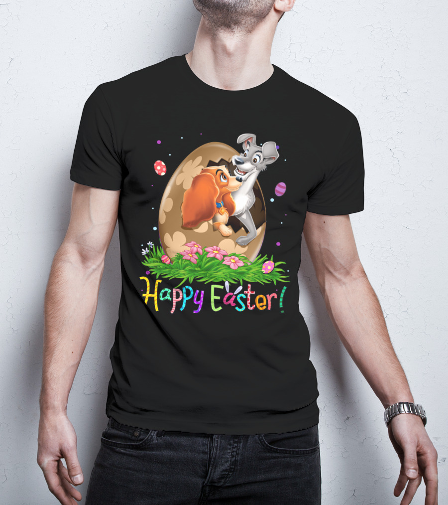 Lady And The Tramp Happy Easter Egg Scene With Colorful Flowers And Eggs T-Shirt
