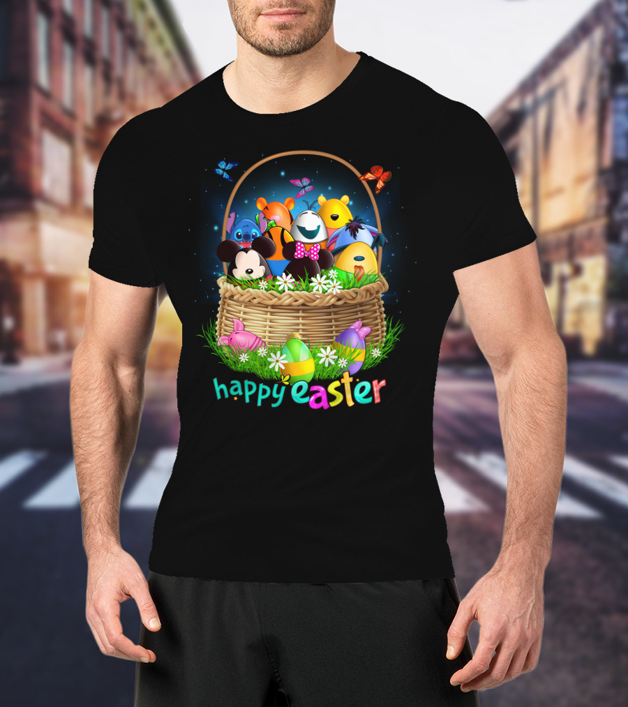 Happy Easter Basket With Colorful Eggs And Characters T-Shirt