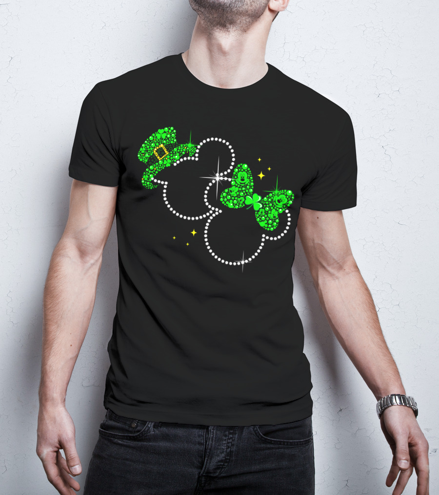 Mickey Minnie St. Patrick's Day Sparkling Green Hat And Bow T-Shirt