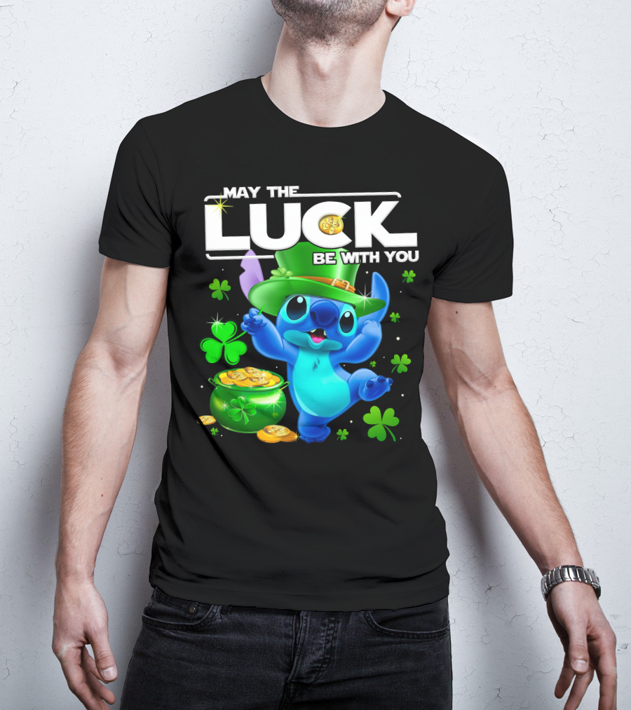 Stitch May The Luck Be With You Featuring Green Hat And Shamrocks T-Shirt