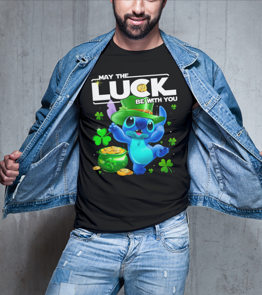 Stitch May The Luck Be With You Featuring Green Hat And Shamrocks T-Shirt