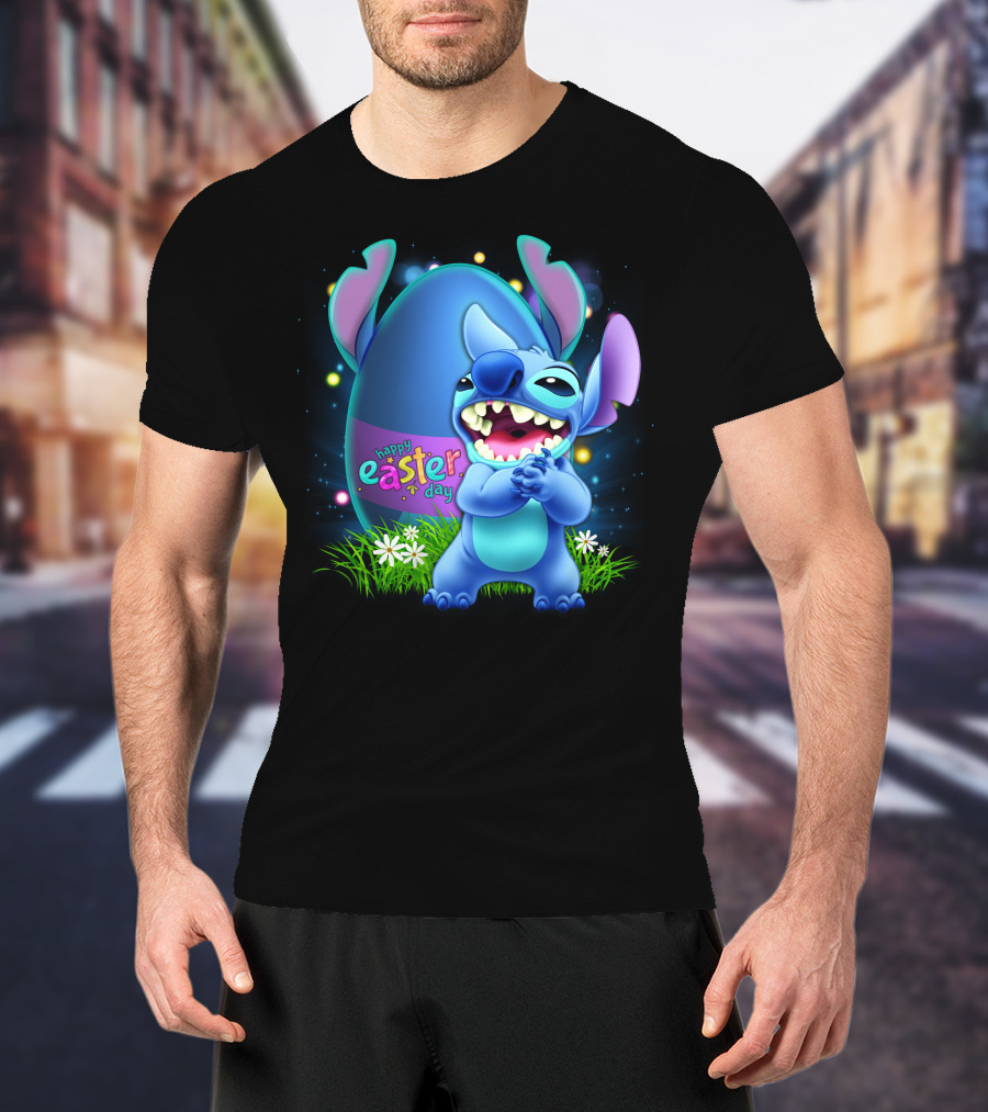 Happy Easter Day Stitch With Easter Egg And Flowers T-Shirt