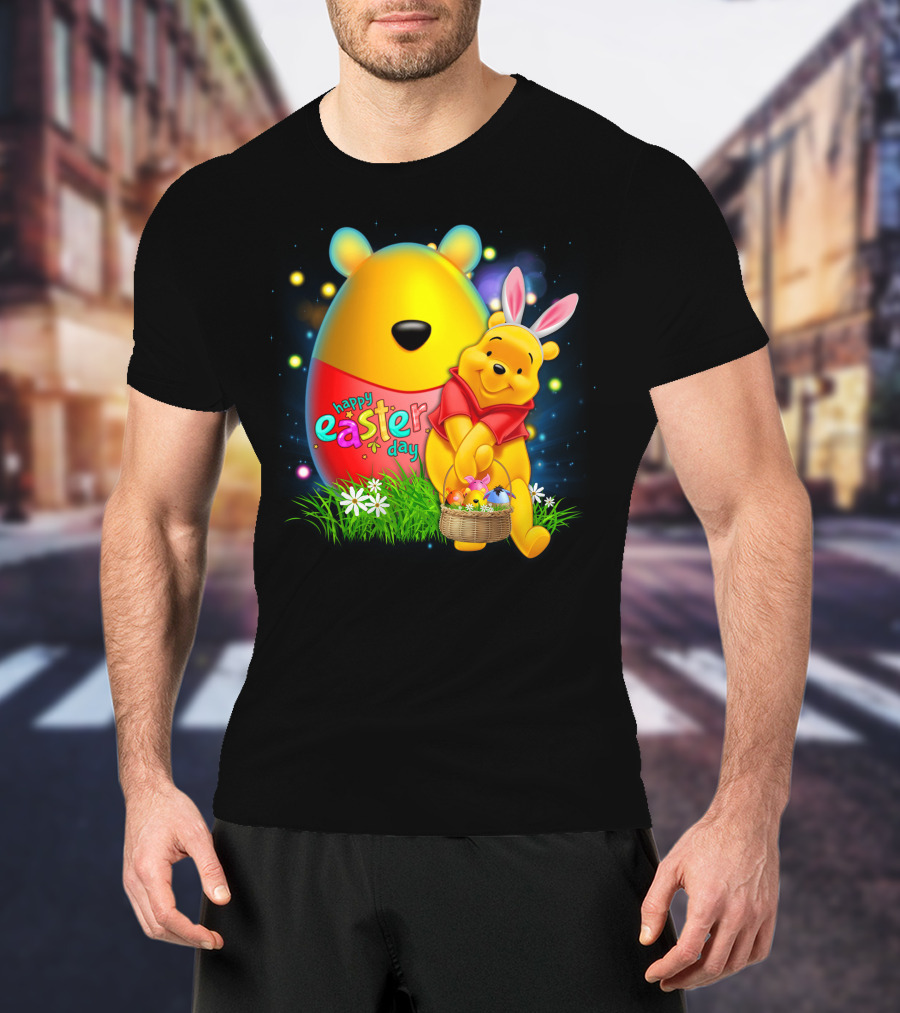 Happy Easter Day Pooh With Basket And Bunny Ears T-Shirt