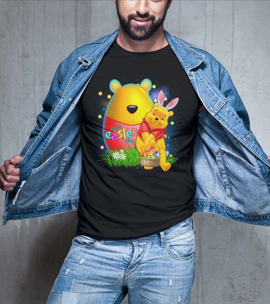 Happy Easter Day Pooh With Basket And Bunny Ears T-Shirt