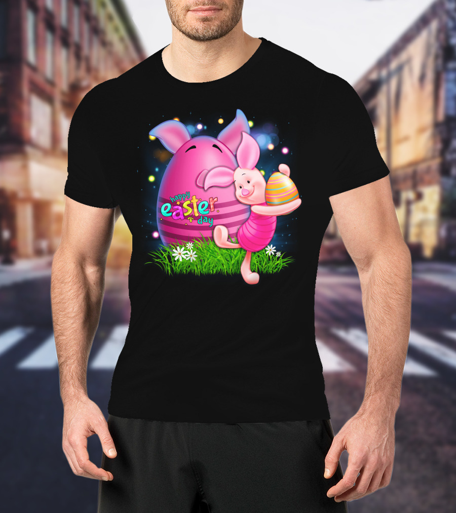 Happy Easter Day Piglet With Colorful Eggs T-Shirt