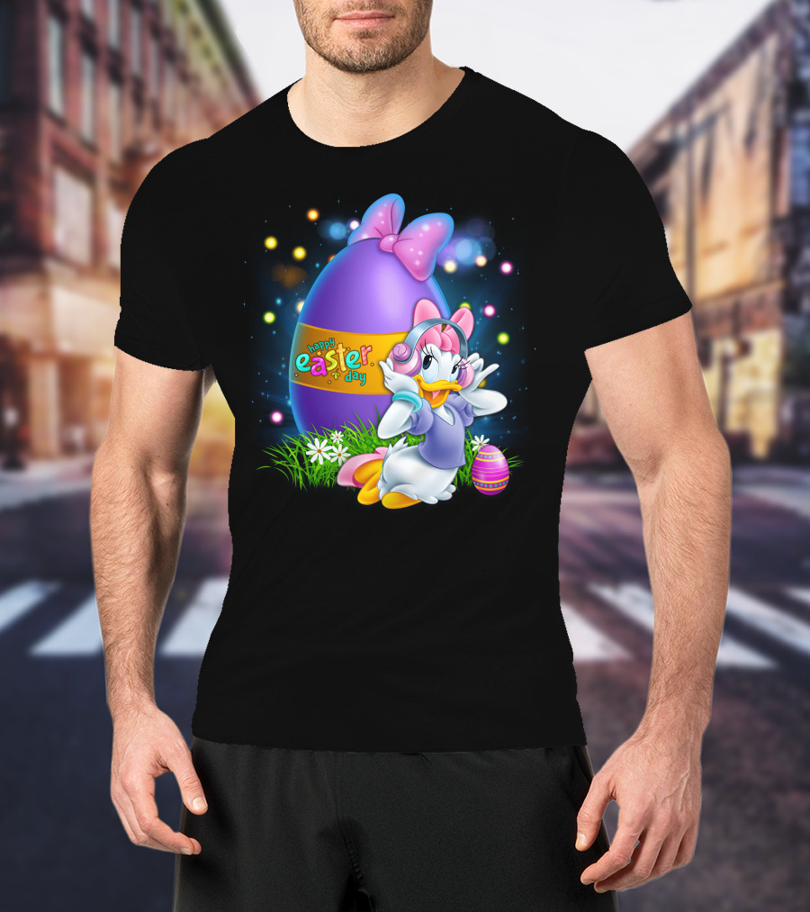 Daisy Duck Happy Easter Day Pink Bow Large Egg And Flowers T-Shirt