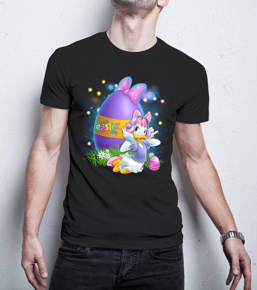 Daisy Duck Happy Easter Day Pink Bow Large Egg And Flowers T-Shirt