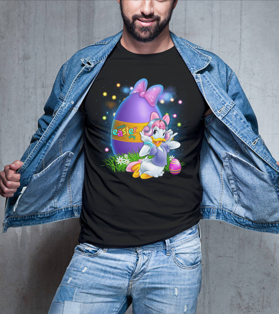Daisy Duck Happy Easter Day Pink Bow Large Egg And Flowers T-Shirt