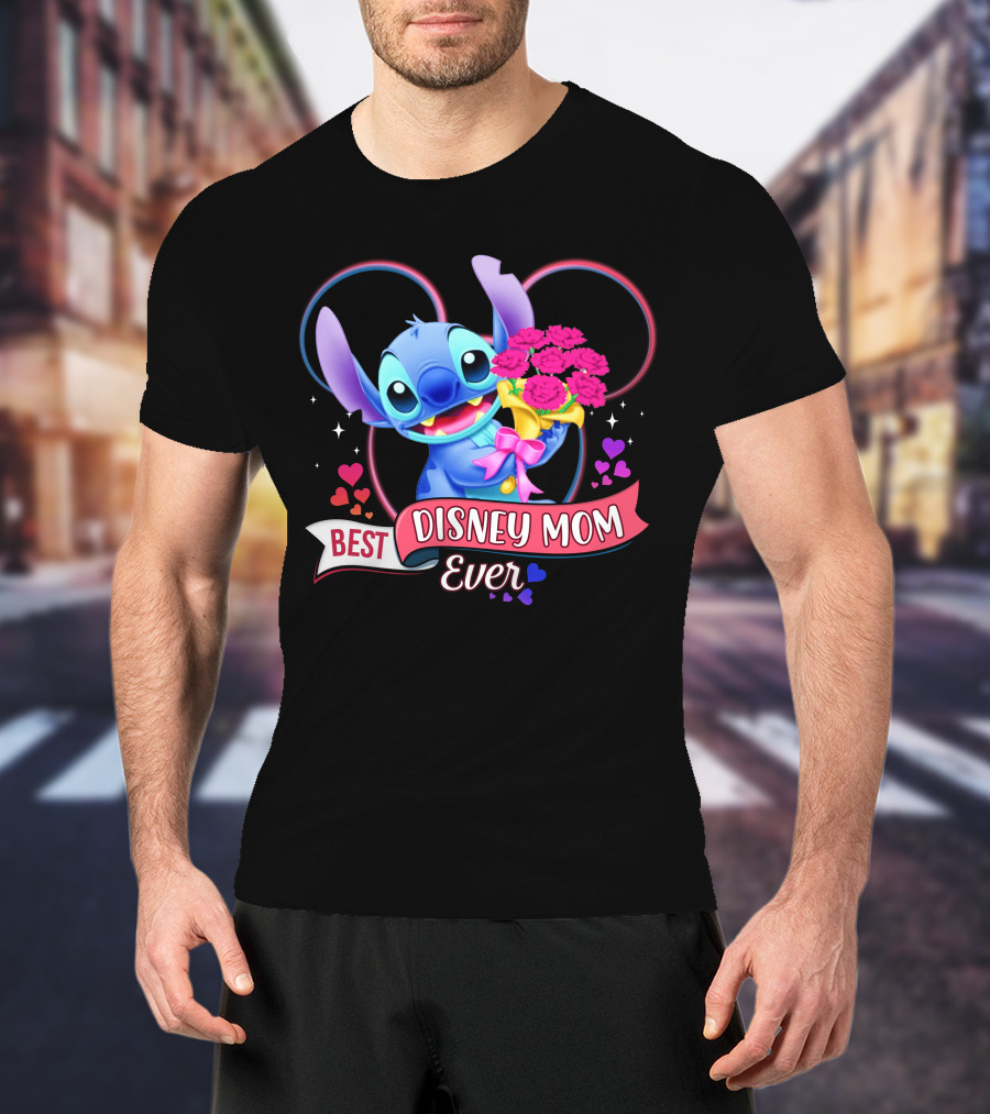Best Disney Mom Ever Stitch With Flowers And Hearts T-Shirt