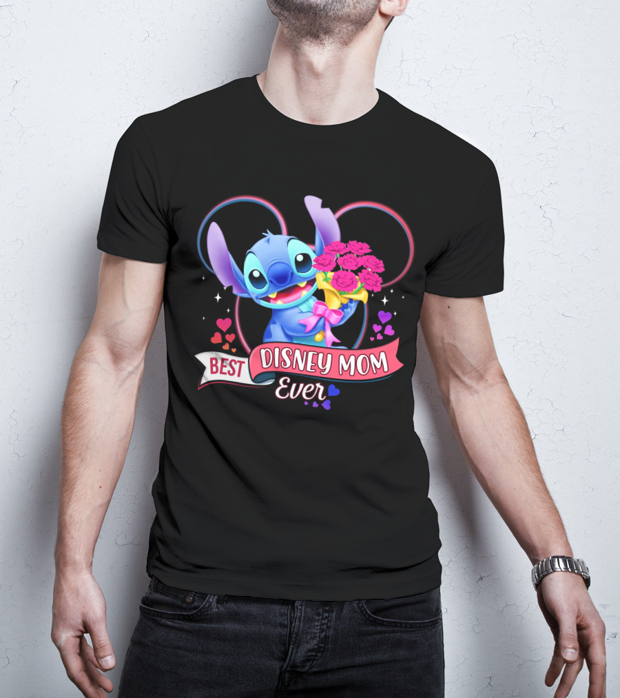 Best Disney Mom Ever Stitch With Flowers And Hearts T-Shirt