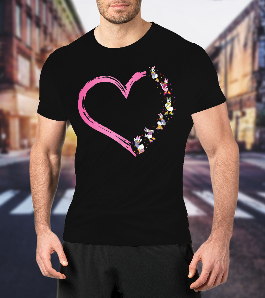 Daisy Duck Heart Shape With Pink Outline And Floral Elements T-Shirt