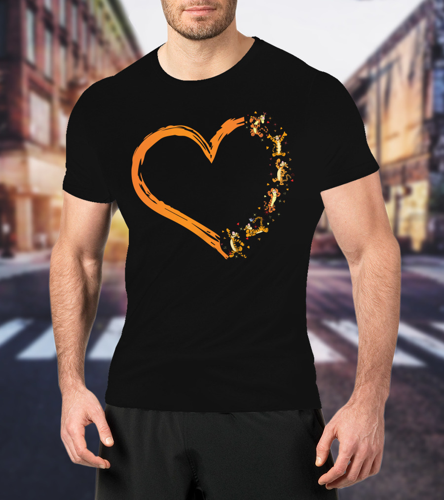 Tigger Heart Orange Brushstroke With Dancing Tiggers And Stars T-Shirt