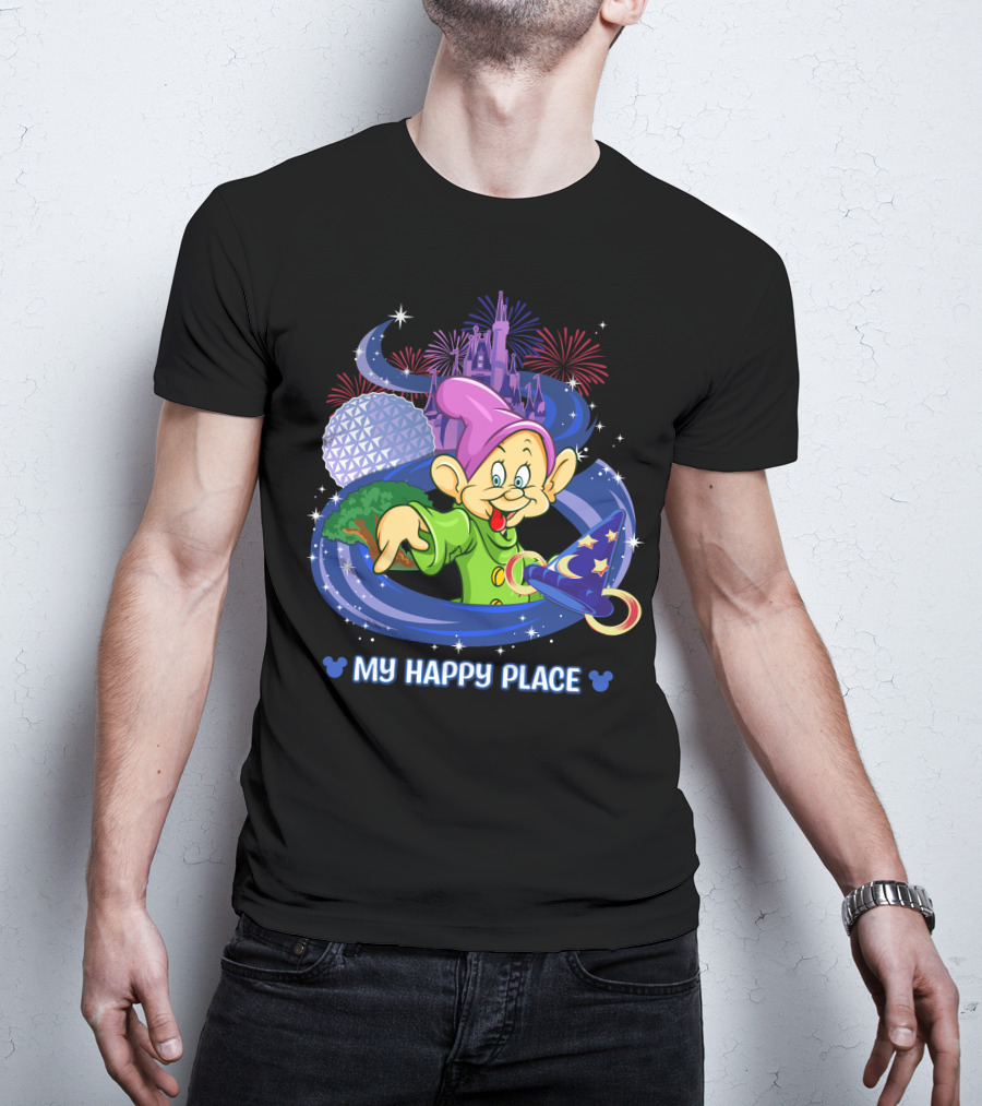 Dopey My Happy Place Epcot Castle Fireworks Sorcerer Hat T-Shirt
