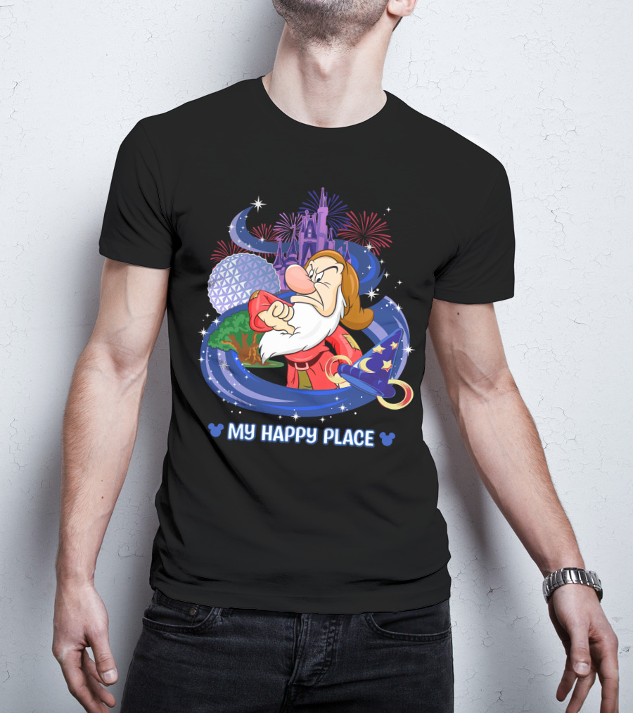 Grumpy My Happy Place Disney Castle Fireworks Epcot Sorcerer Hat T-Shirt