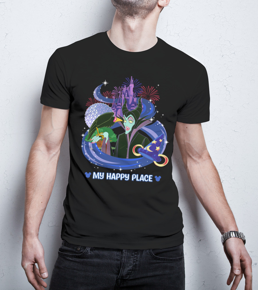 Maleficent My Happy Place Disney Castle Fireworks Mickey Sorcerer Hat T-Shirt