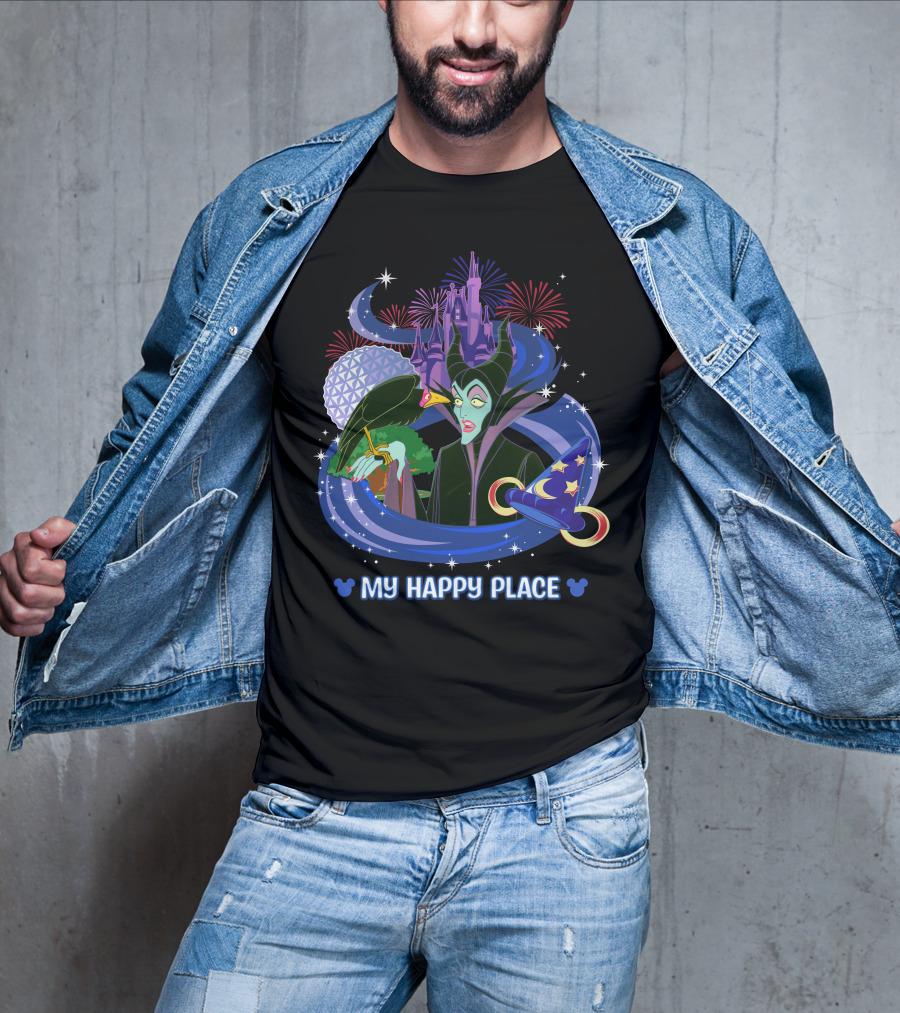 Maleficent My Happy Place Disney Castle Fireworks Mickey Sorcerer Hat T-Shirt