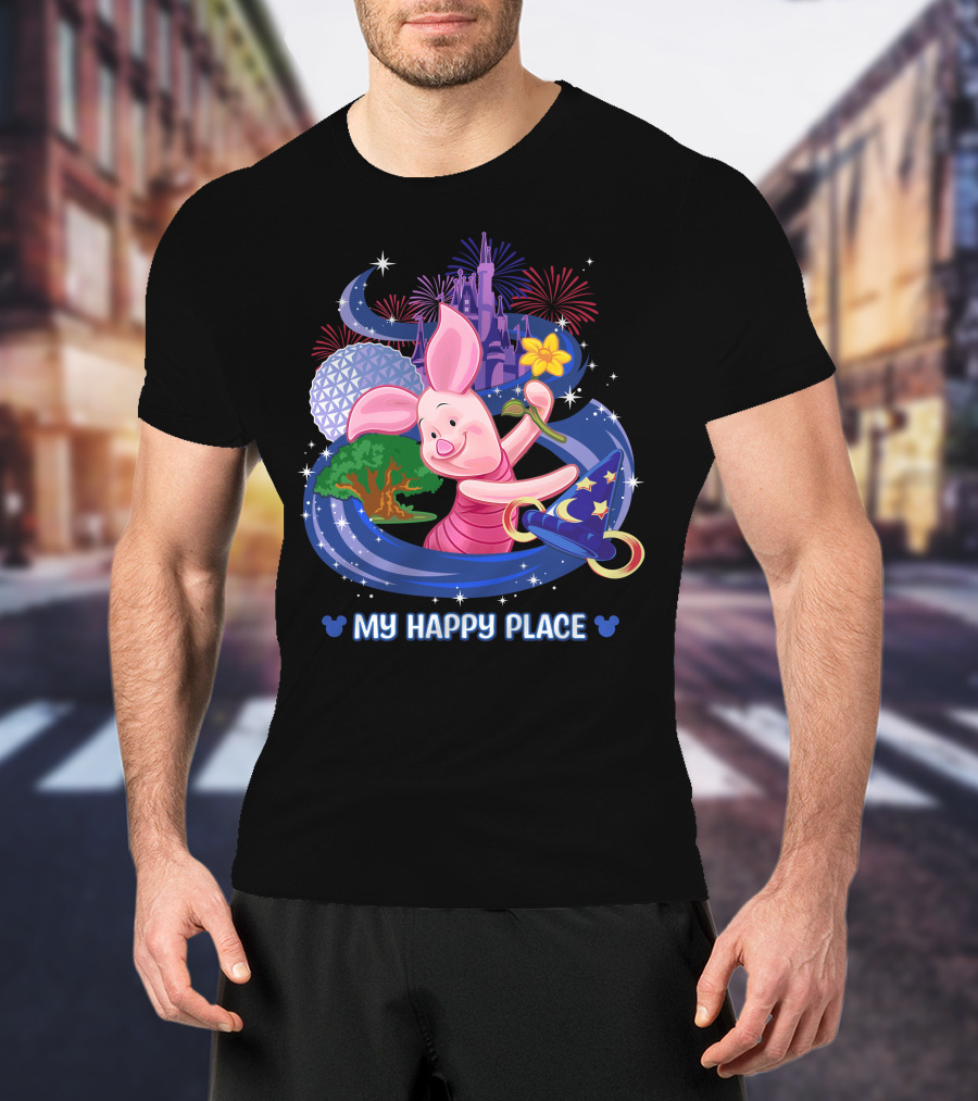 My Happy Place Piglet With Castle Fireworks And Magic Hat T-Shirt