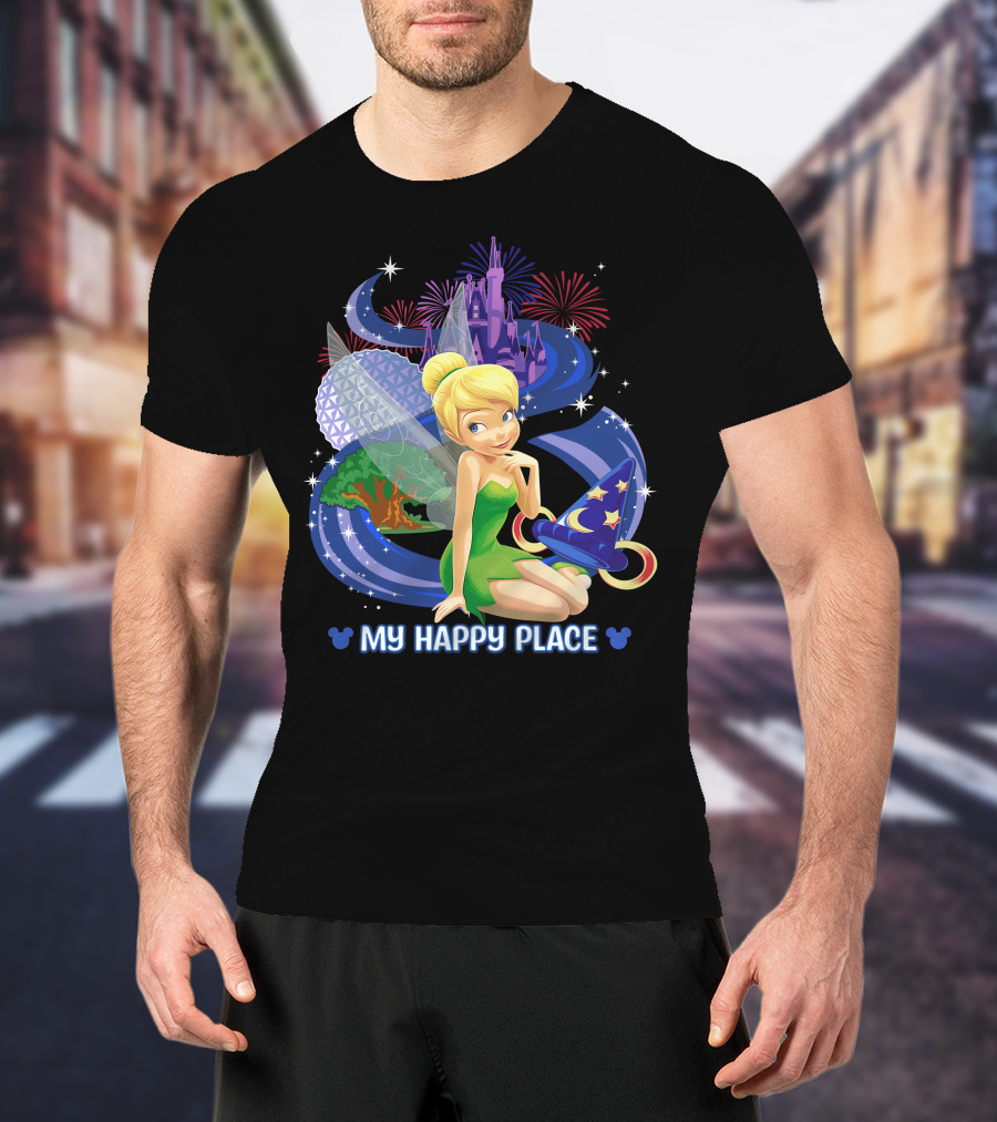 Tinker Bell My Happy Place Disney Castle Epcot Fireworks Wizard Hat T-Shirt