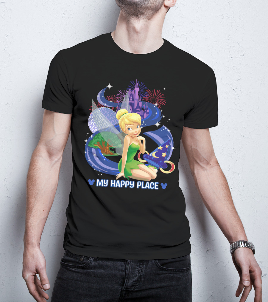 Tinker Bell My Happy Place Disney Castle Epcot Fireworks Wizard Hat T-Shirt