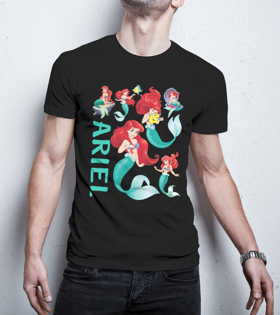 Ariel Mermaid Adventures With Flounder And Shell In Blue Teal Letters T-Shirt