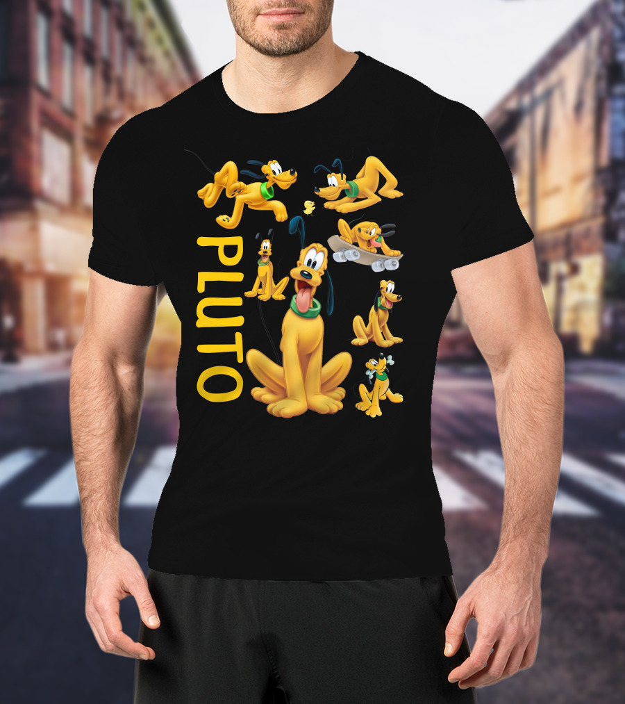 Pluto Character Poses Collection With Skateboarding And Chewy Bone T-Shirt