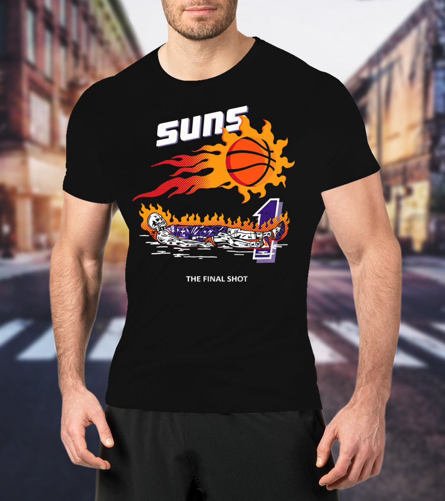 Suns The Final Shot Flaming Basketball Skeleton T-Shirt