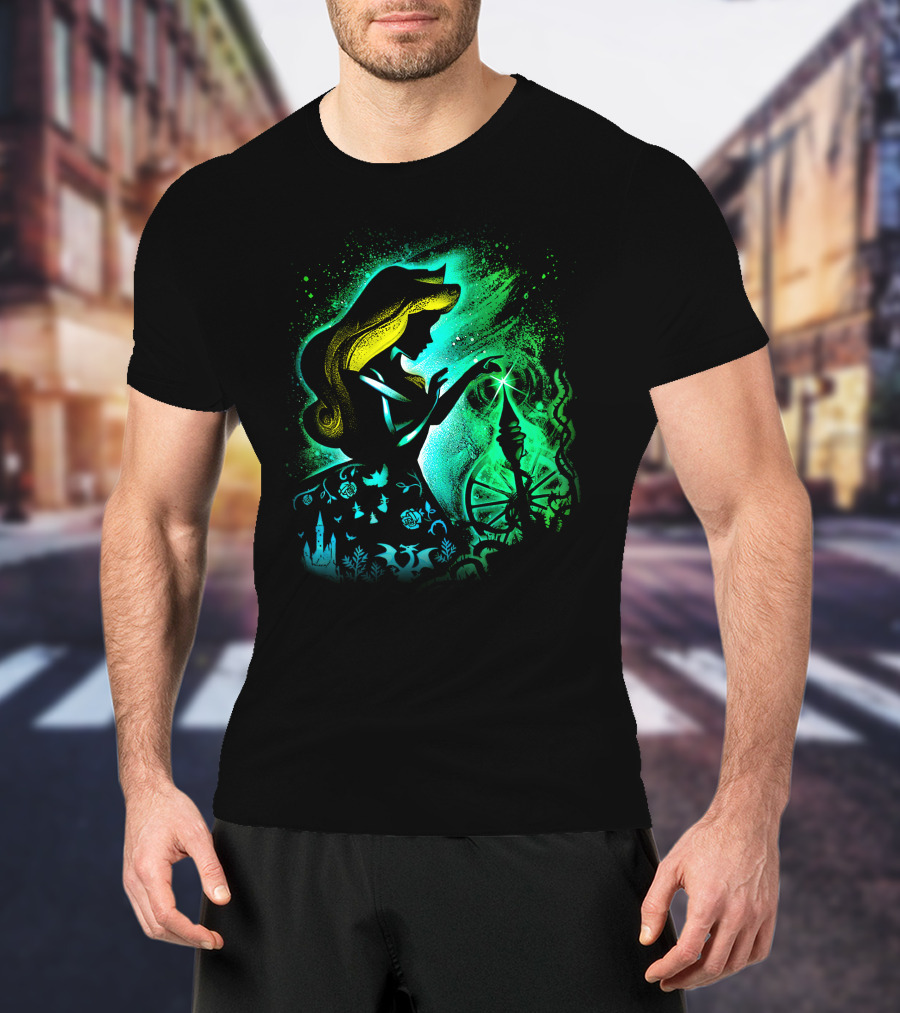 Sleeping Beauty Silhouette With Spinning Wheel And Enchanted Forest Elements T-Shirt