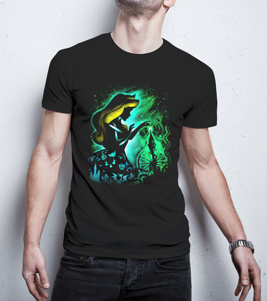 Sleeping Beauty Silhouette With Spinning Wheel And Enchanted Forest Elements T-Shirt