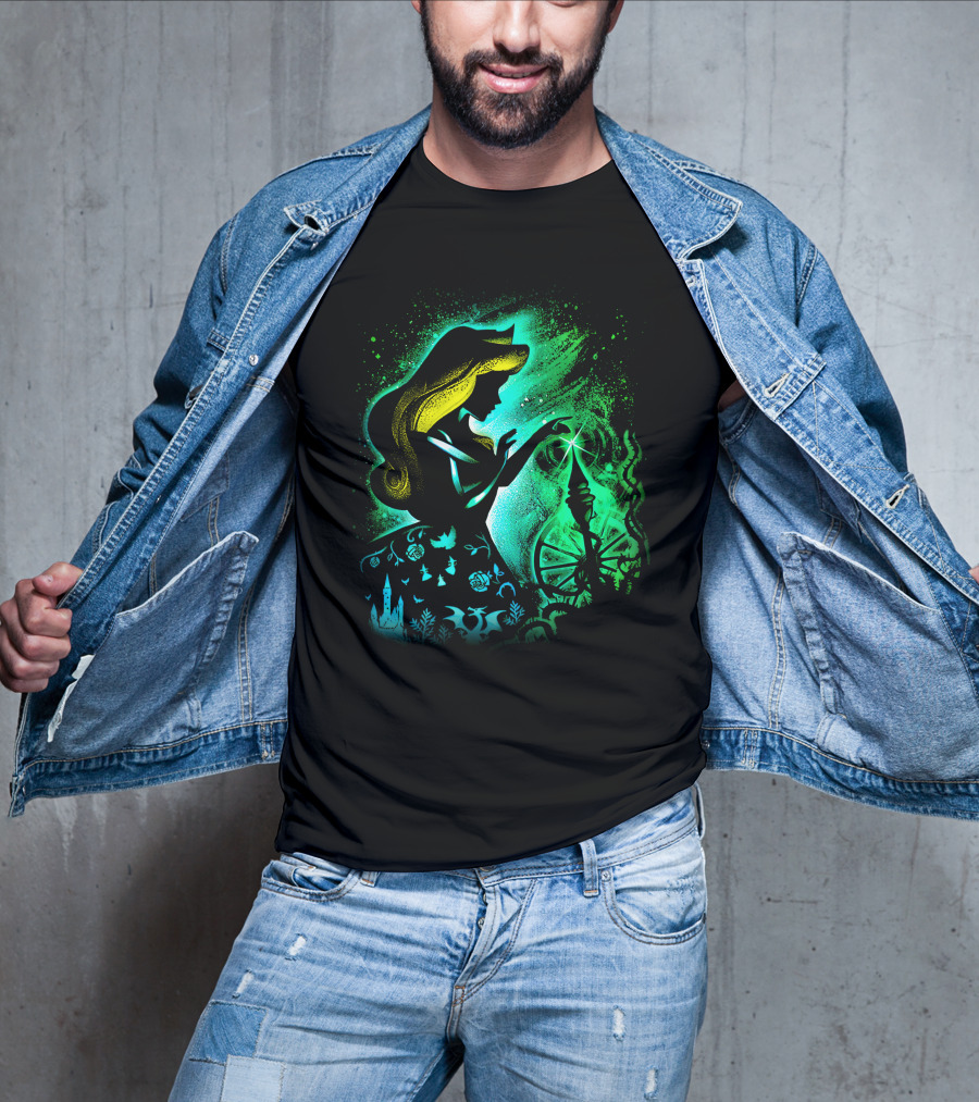 Sleeping Beauty Silhouette With Spinning Wheel And Enchanted Forest Elements T-Shirt