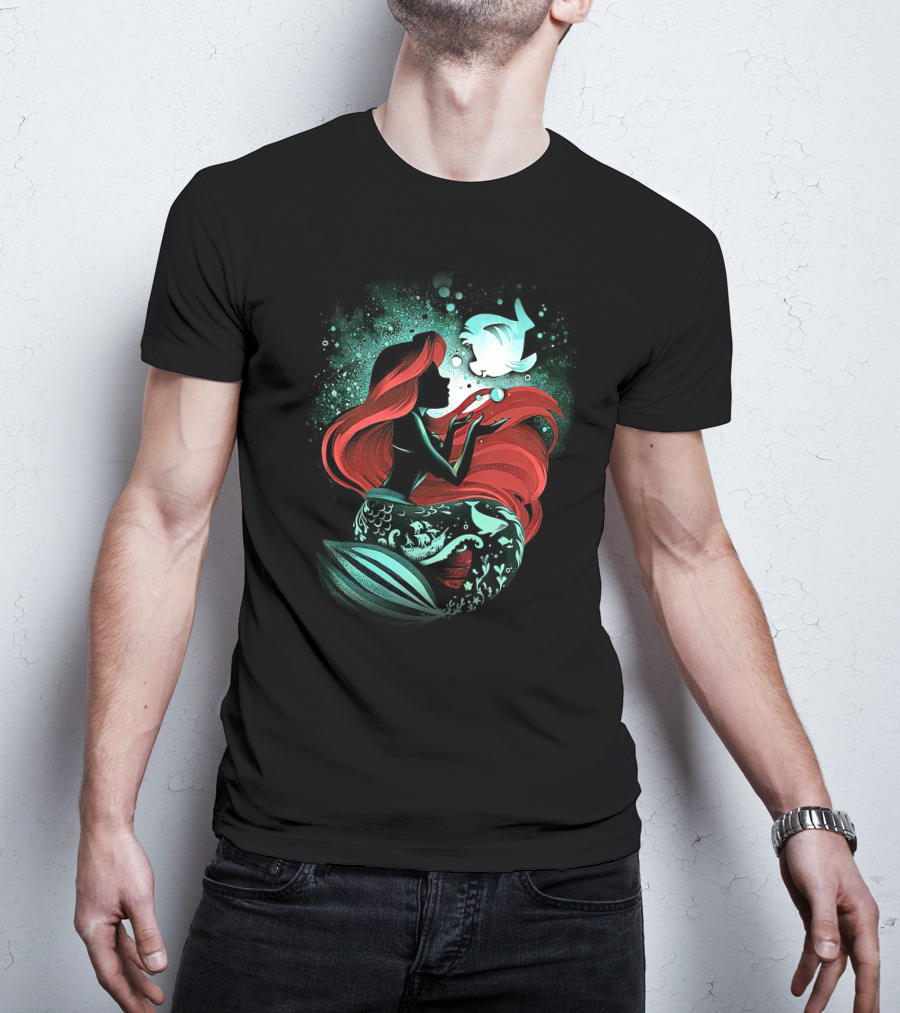 Ariel Mermaid Silhouette With Fish And Red Hair T-Shirt