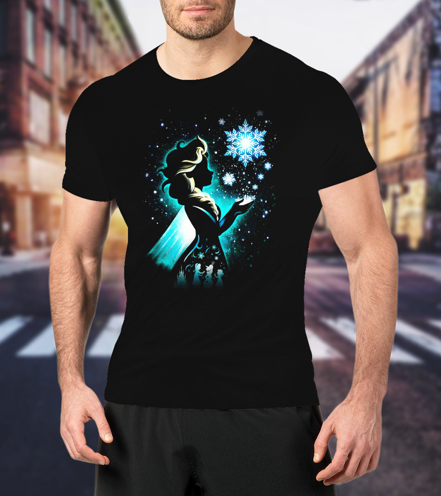 Elsa Silhouette With Snowflakes And Winter Scene T-Shirt