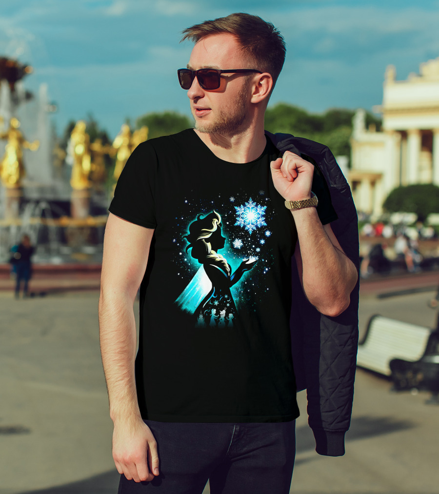 Elsa Silhouette With Snowflakes And Winter Scene T-Shirt