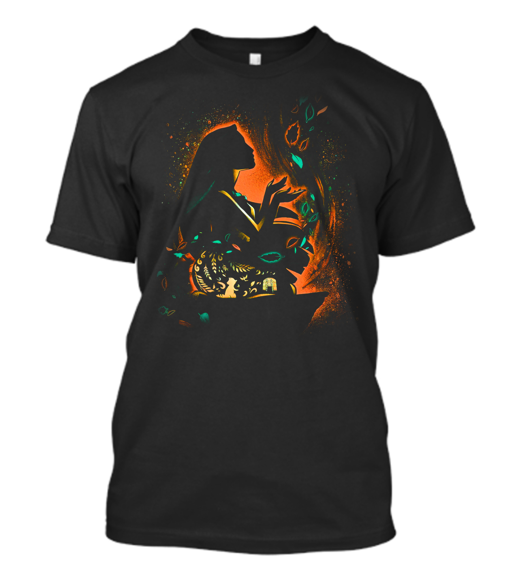Pocahontas Silhouette With Colorful Leaves And Nature Elements T-Shirt