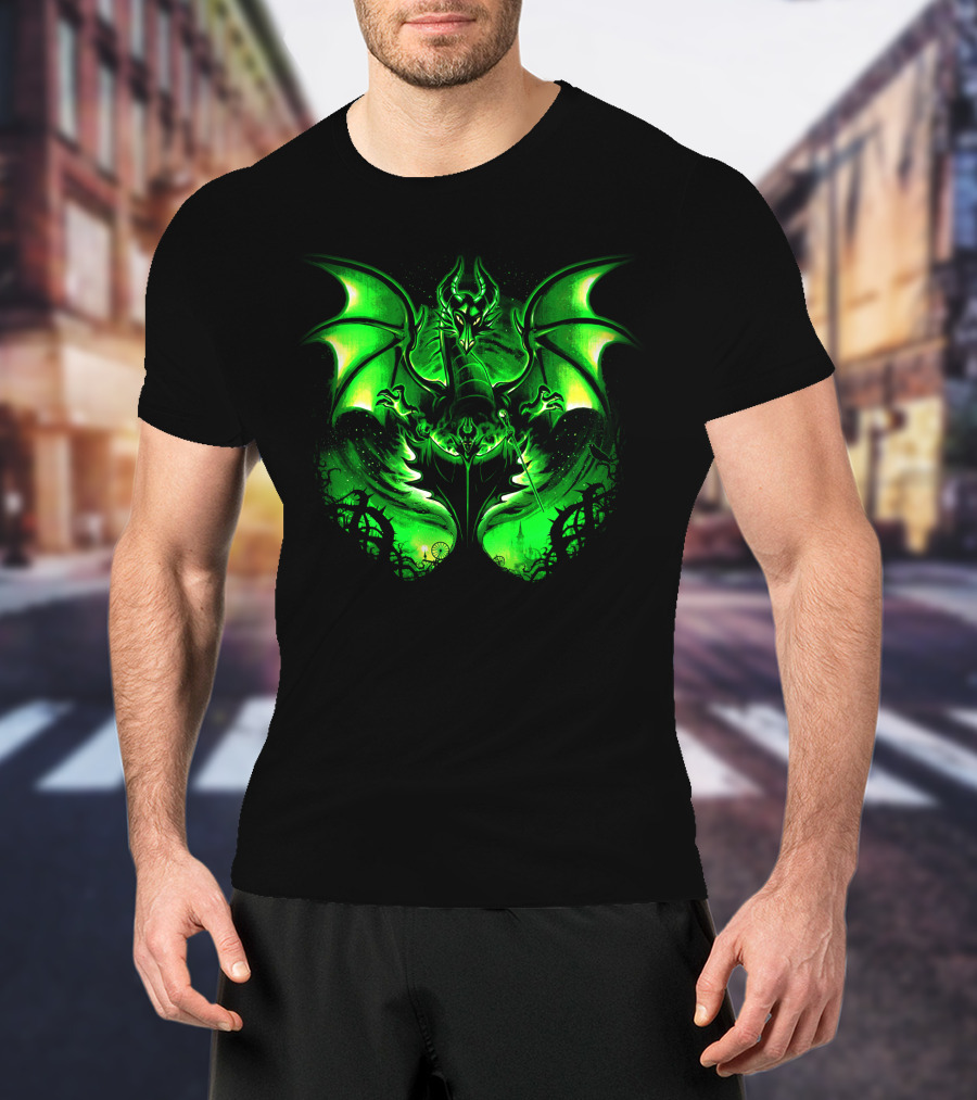 Maleficent 2 Dark Green Dragon Art Fantastical Scene Ravens Winding Thorns T-Shirt